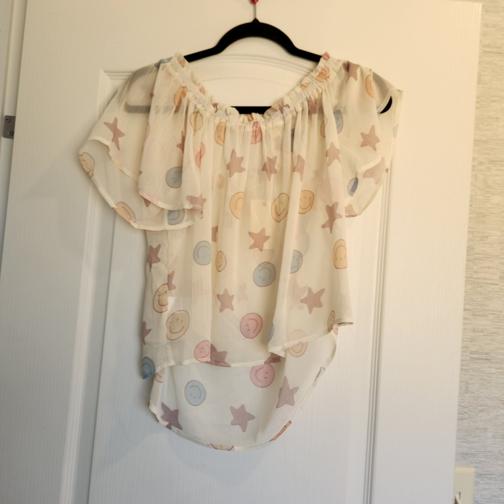 Easel Cream Sheer Blouse with Pastel Smiley & Star Prints